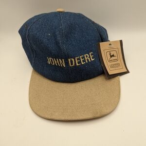 Vintage NWT John Deere trucker snapback hat with denim top and tan brim